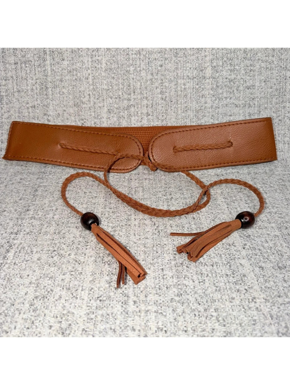 Vintage 1980s Brown Faux Leather Boho Tie Belt Tassel Beaded Waist Belt